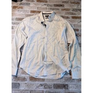 Max Mens XL Slim Fit Button Down Shirt White Navy Blue Micro Polka Dot Cotton